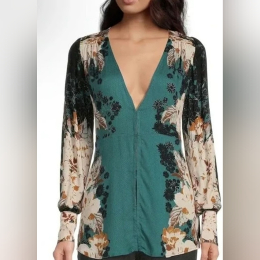 Free People Teal Floral V-Neck Tunic with Cream and Black Floral Print